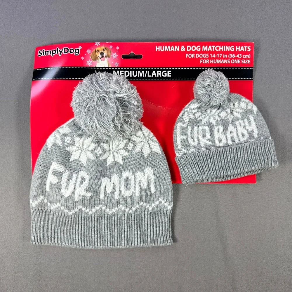 SimplyDog Matching Hats Medium/Large Grey Fur Mom Fur Baby Pom‎ Beanie Gift Set
